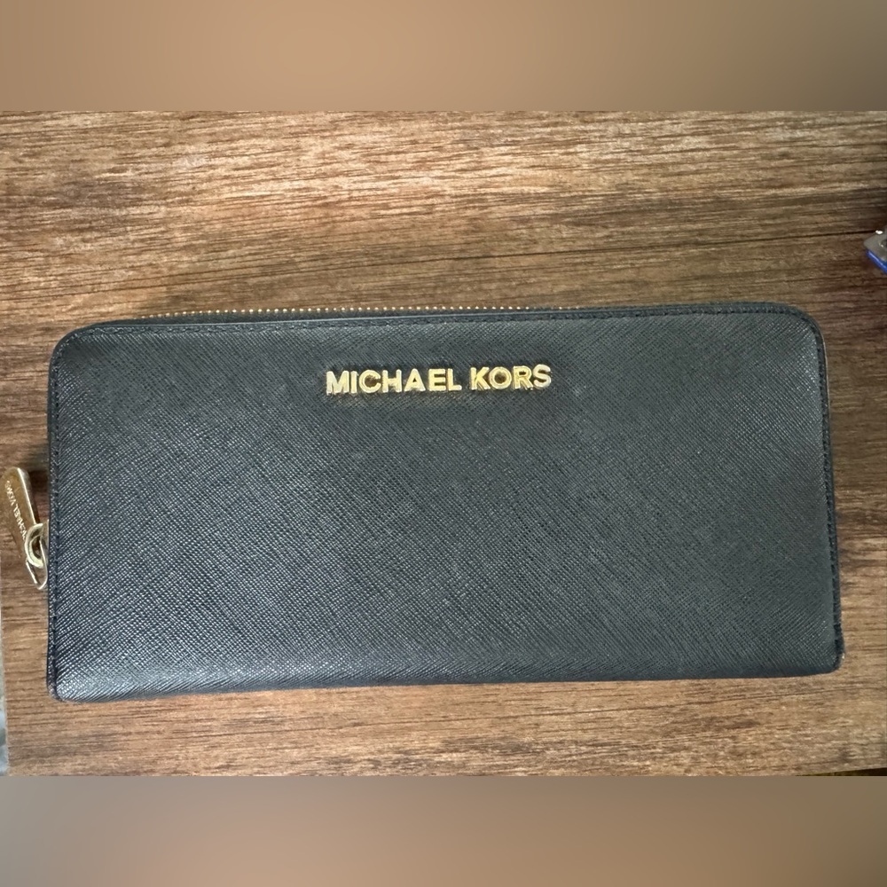 Michael Kors Black Zip Around Saffiano Leather Wallet